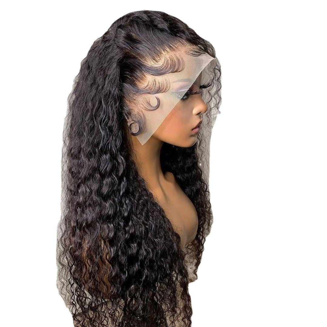 Black Wig Head Cover Fluffy Long Curly Hair Mid-split Full Top Pullover