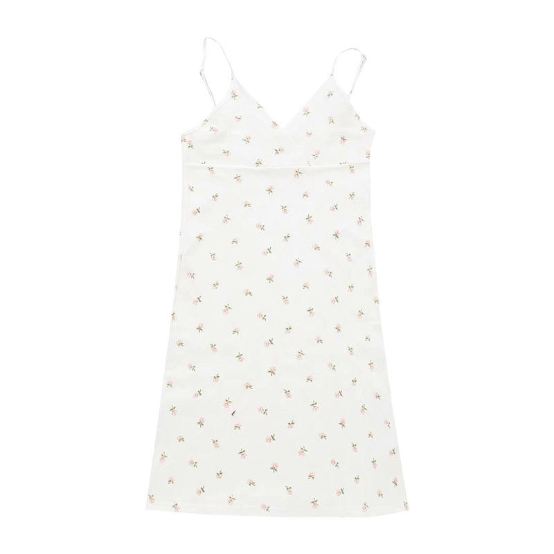 European And American Retro Printed V-Neck Slip Dress For Women