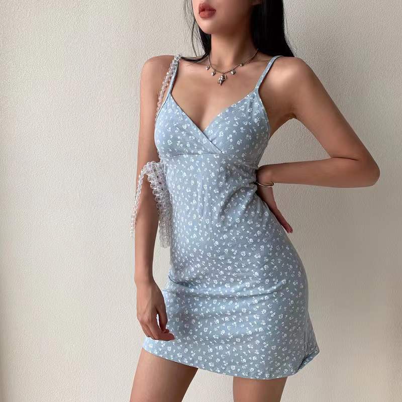European And American Retro Printed V-Neck Slip Dress For Women