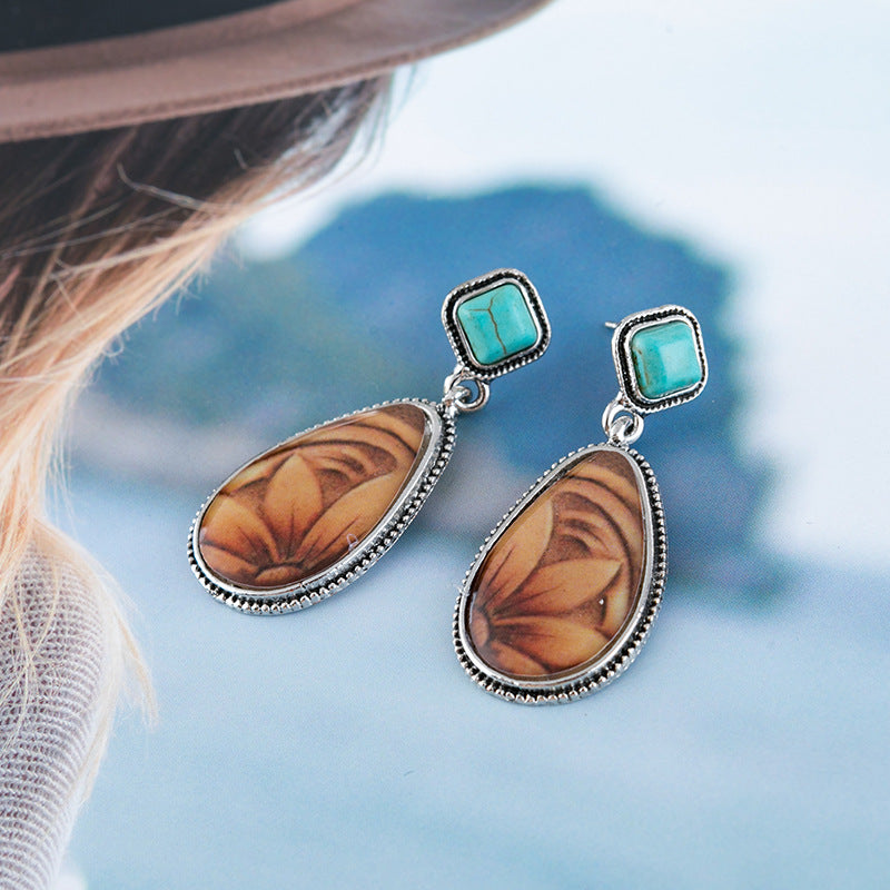 Antique Silver Turquoise Earrings European And American Style Brown