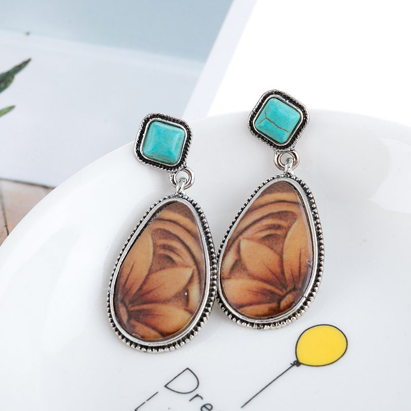 Antique Silver Turquoise Earrings European And American Style Brown