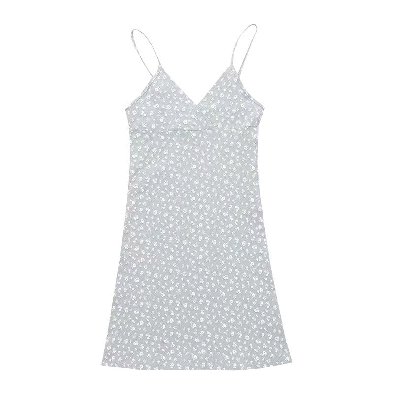 European And American Retro Printed V-Neck Slip Dress For Women